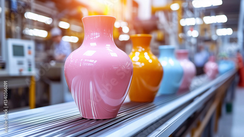Wallpaper Mural Brightly Colored Vases on Conveyor Belt in Manufacturing Facility  
 Torontodigital.ca