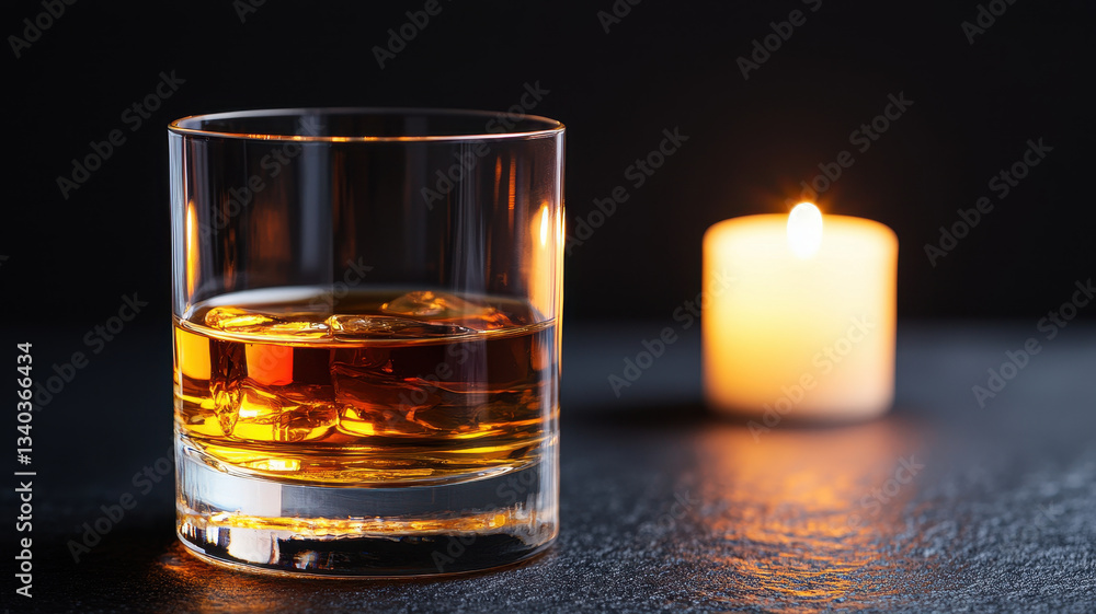 Glass of whiskey bourbon smooth, with candlelight ambiance Glass of whiskey bourbon smooth, with candlelight ambiance