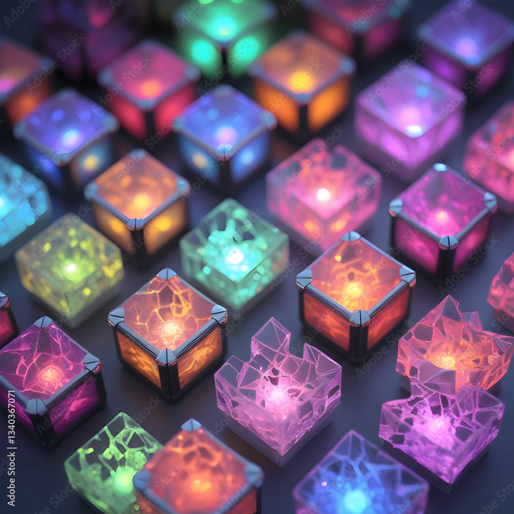 Obraz premium Glowing Multicolored Cubes with Metallic Edges and Cracked Glass