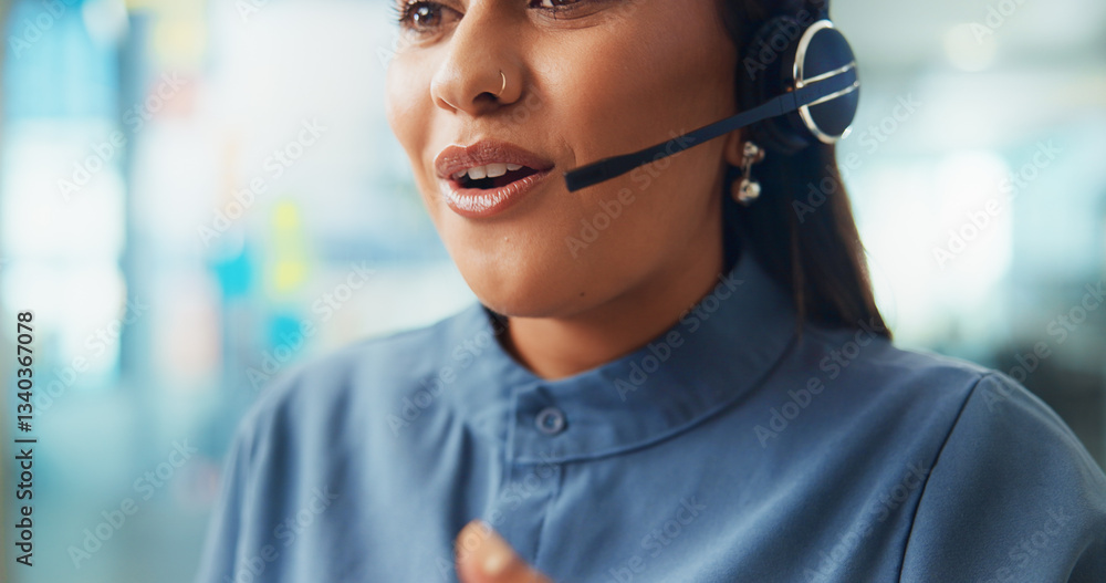 Woman, mouth and agent with headset for online advice, help or support agency at office. Closeup, female person or consultant talking on mic for CRM, communication or virtual assistant at call center Woman, mouth and agent with headset for online advice, help or support agency at office. Closeup, female person or consultant talking on mic for CRM, communication or virtual assistant at call center