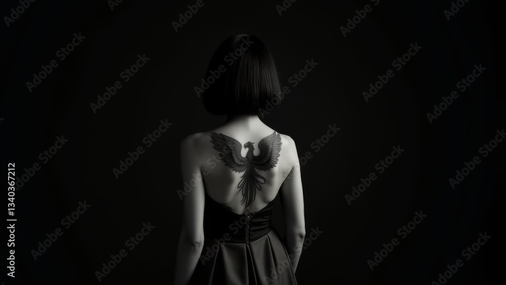 Woman's Back Tattooed With Dark Angel Wings Woman's Back Tattooed With Dark Angel Wings