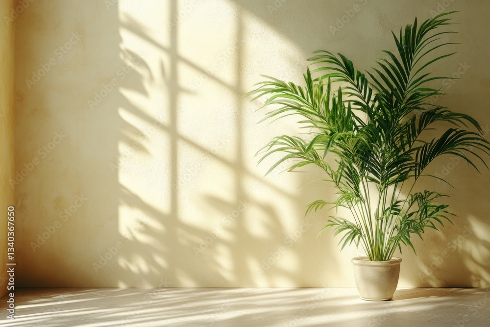 Serene interior with lush areca palm in pot casting soft shadows on textured wall creating a tranquil and inviting atmosphere with natural light Serene interior with lush areca palm in pot casting soft shadows on textured wall creating a tranquil and inviting atmosphere with natural light