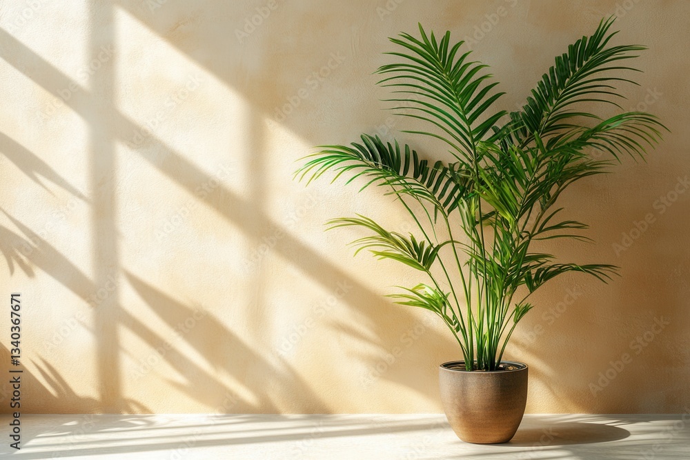 Fototapeta premium Serene interior scene featuring a vibrant areca palm in a pot casting shadows on a textured wall creating a calm and inviting atmosphere with natural light