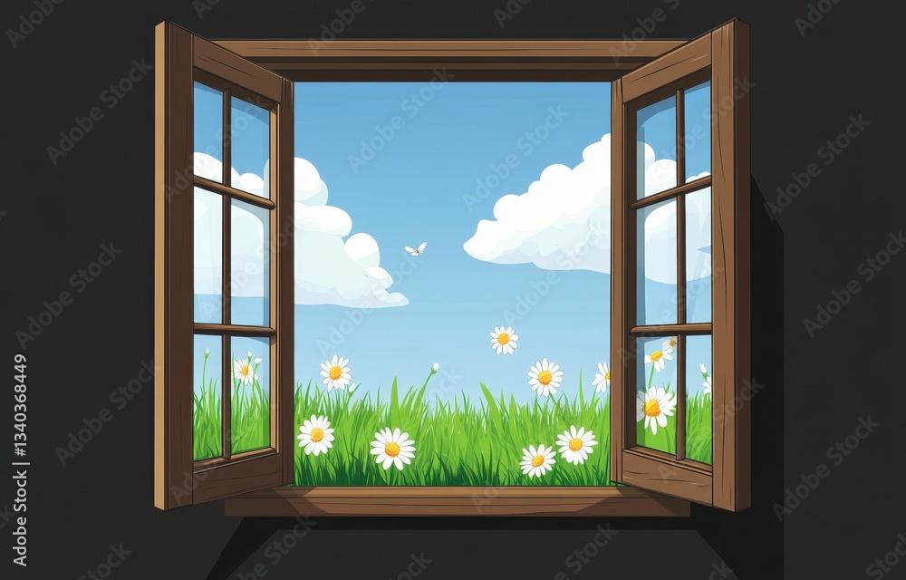 Fototapeta premium Open Wooden Window Showing Sunny Daisies Field Pixel Art