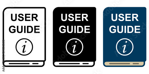 User guide book icons in outline, solid black, and blue styles. This vector illustration represents manuals, instructions, and documentation. Ideal for tech support, websites, and software guides. 