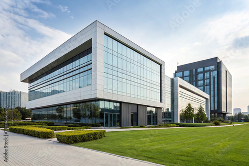 New modern corporate office building exterior. Exterior of modern corporate office building in office park.