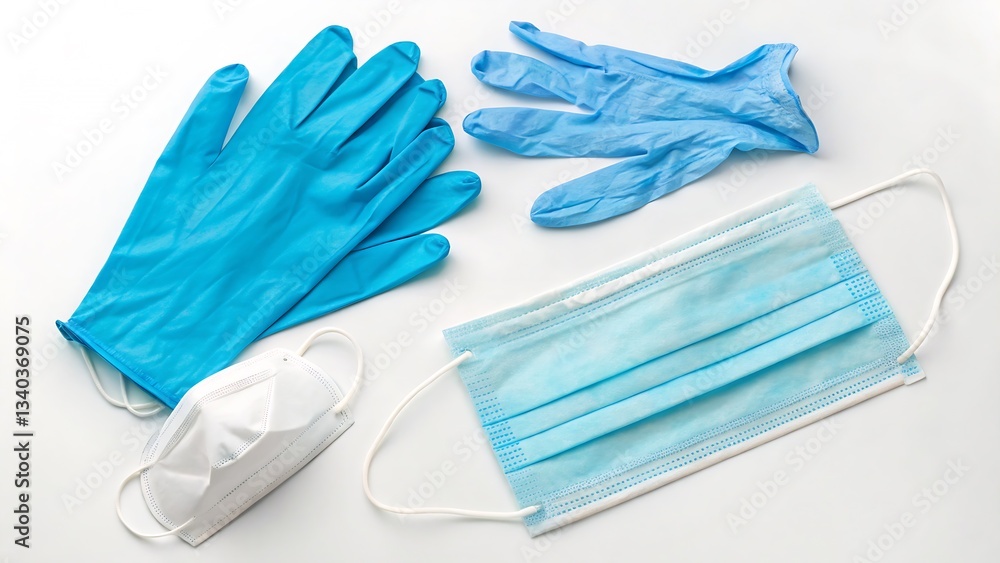 Disposable Latex Gloves and Face Mask, Isolated on a White Background emphasizing infection control, personal protective equipment (PPE), and laboratory safety. Disposable Latex Gloves and Face Mask, Isolated on a White Background emphasizing infection control, personal protective equipment (PPE), and laboratory safety.