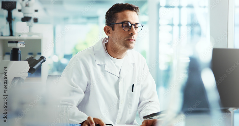Biology, man or scientist on laptop in laboratory for chemical experiment, research with medical technology. Study, reading or medicinal chemist with pharmaceutical project or healthcare innovation Biology, man or scientist on laptop in laboratory for chemical experiment, research with medical technology. Study, reading or medicinal chemist with pharmaceutical project or healthcare innovation