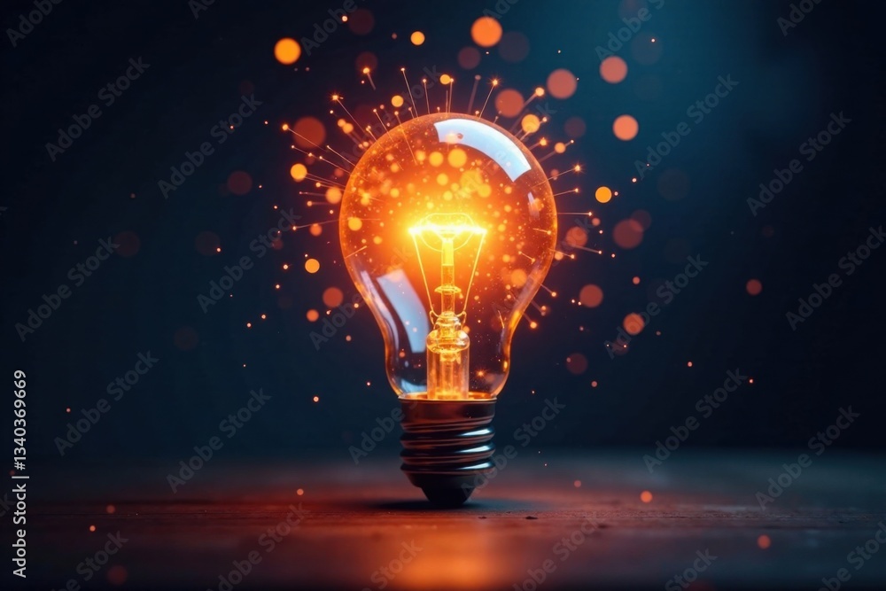 A light bulb turning on with colorful sparks flying around it, sparkles, creative energy A light bulb turning on with colorful sparks flying around it, sparkles, creative energy
