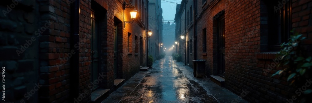 Moody dark alleyway with old bricks and mortar, rain soaked, rain, overcast Moody dark alleyway with old bricks and mortar, rain soaked, rain, overcast