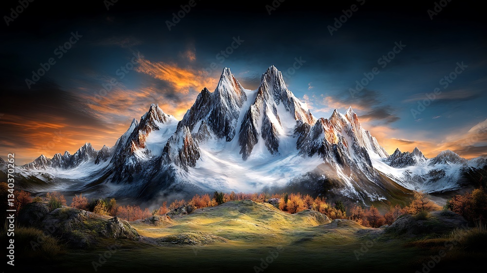 Obraz premium Majestic snowcapped peaks glowing under golden light a breathtaking mountain landscape at dawn