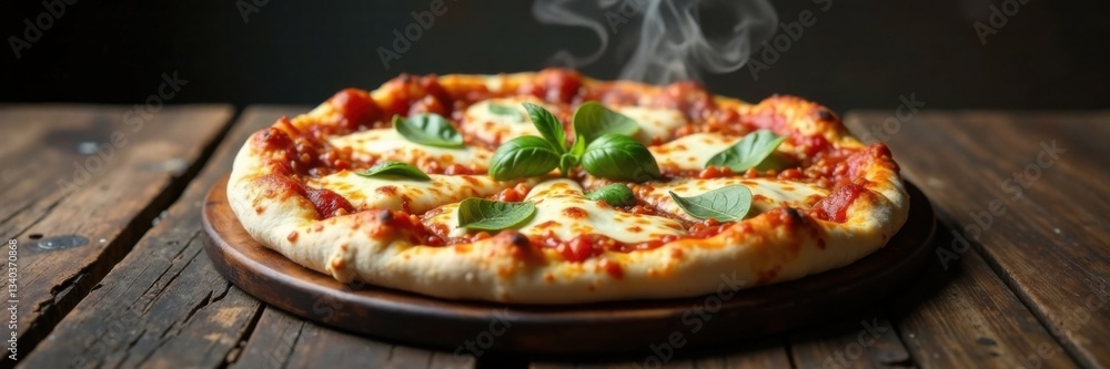 A steaming hot pizza placed on an old, worn-out wooden table, dinnerware, wooden table A steaming hot pizza placed on an old, worn-out wooden table, dinnerware, wooden table