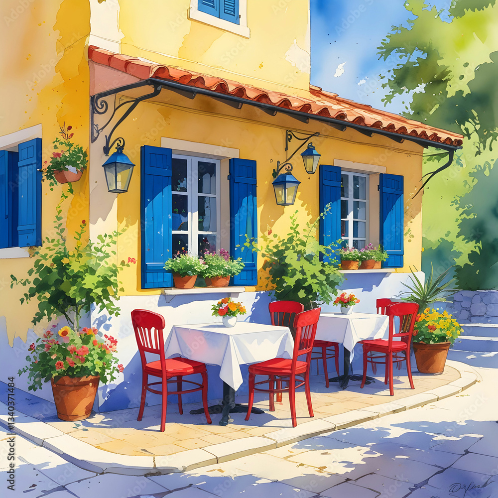 Fototapeta premium Sunlit Mediterranean Cafe Corner with Vibrant Flowers