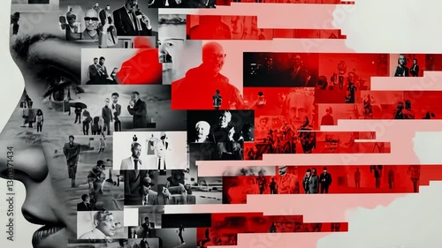 Abstract human profile formed by photo collage and red digital fragments. 4K video