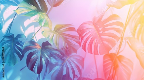 Vibrant Monstera Leaves in a Dreamy Gradient Light Tropical Foliage Botanical Art for Modern Decor and Design