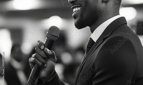 Smiling Man in Suit Speaking at a Microphone, Black and White Close Up
