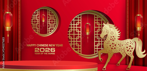 3d Podium round stage for happy Chinese new year 2026 horse Zodiac sign