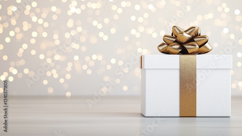 A beautifully wrapped gift box with a shiny gold bow against a sparkling background, perfect for celebrations and special occasions.