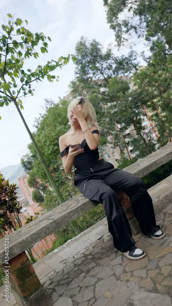 Young Blonde Woman Using Smartphone, Dancing and Enjoying the Moment Young Blonde Woman Using Smartphone, Dancing and Enjoying the Moment