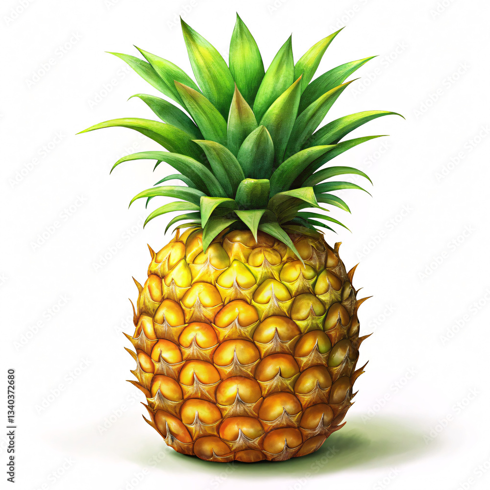 Fototapeta premium Tropical Delight: A vibrant and appetizing pineapple, with its spiky crown and textured skin, stands as a symbol of exotic tastes and tropical indulgence.