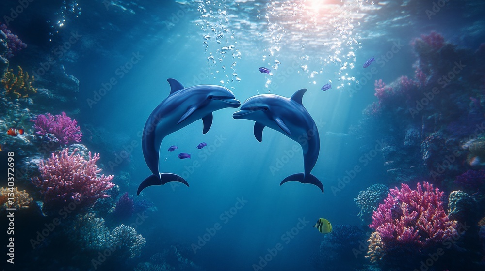 Fototapeta premium Two dolphins swimming towards each other with coral reefs around them