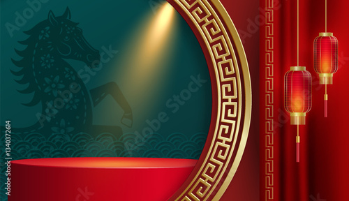 3d Podium round stage for happy Chinese new year 2026 horse Zodiac sign