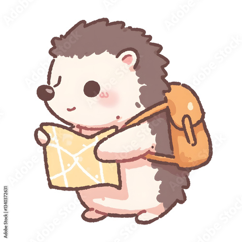 Cartoon Hedgehog with Backpack Reading Map