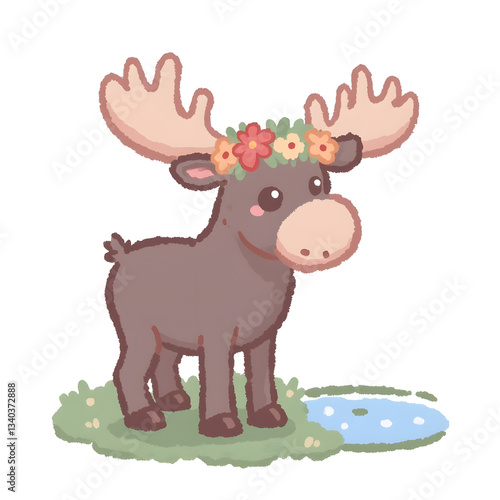 Cute Moose with Flower Crown Illustration