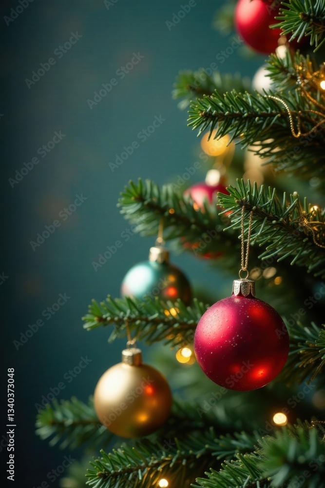 Beautifully decorated Christmas tree with glass balls and tinsel hanging from branches , Glass Balls, Tinsel Beautifully decorated Christmas tree with glass balls and tinsel hanging from branches , Glass Balls, Tinsel