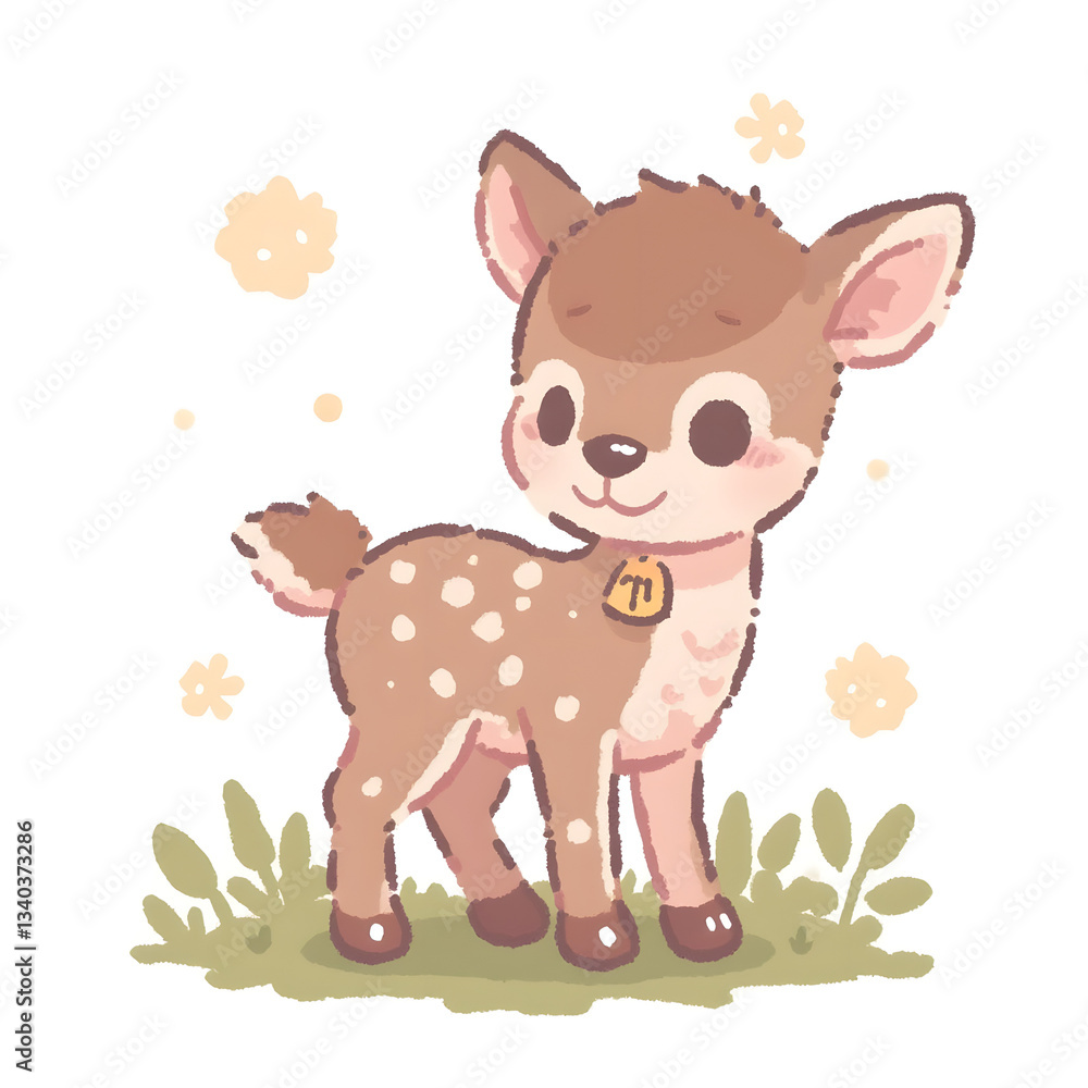 Obraz premium Cute Cartoon Fawn with Bell