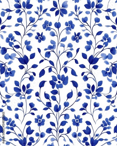 Elegant floral pattern in blue and white with a classic chinoiserie style for timeless design and decoration