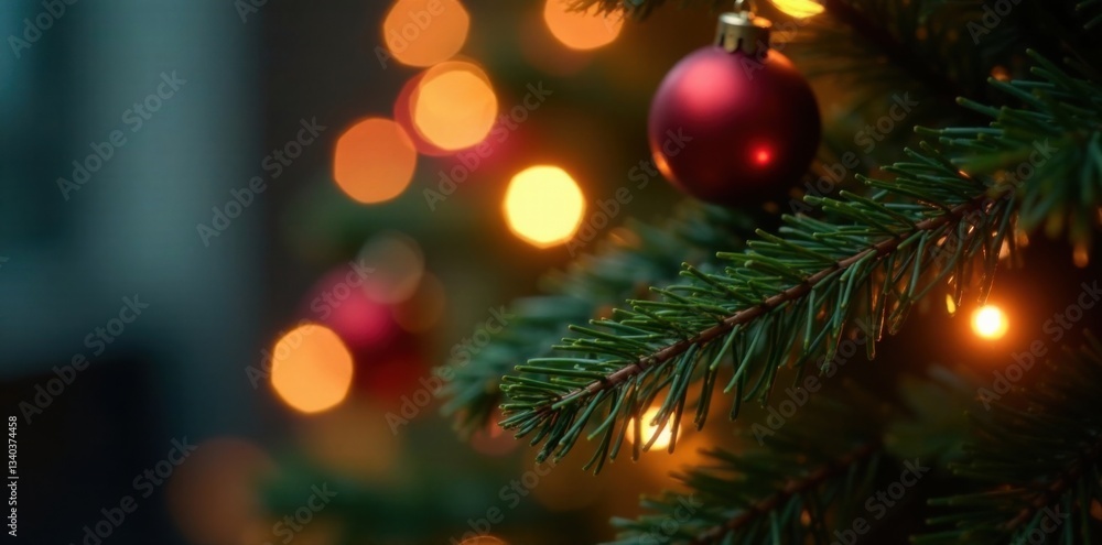 Blurred shiny lights reflecting off a polished Christmas tree branch, Blurred Reflections, Icy Glow Blurred shiny lights reflecting off a polished Christmas tree branch, Blurred Reflections, Icy Glow