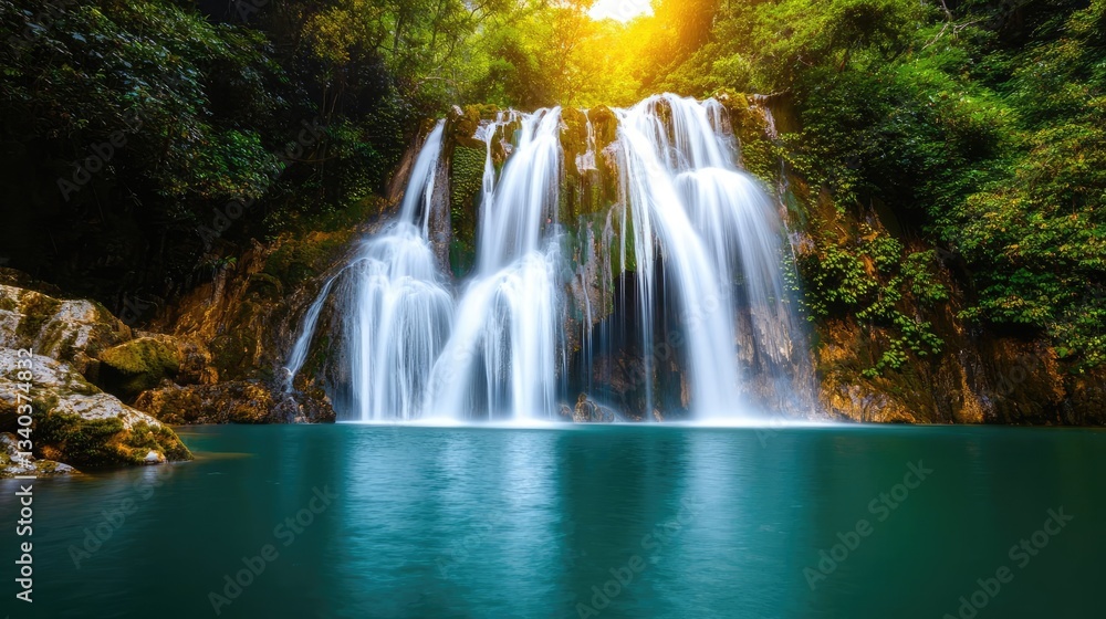 Obraz premium Waterfall landscapes concept. A serene waterfall cascading into a tranquil pool surrounded by lush greenery.