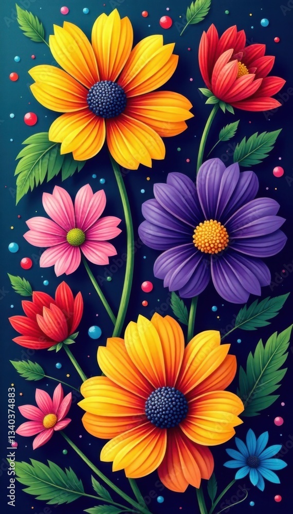 Bright colorful flowers in a bold outline style, vibrant, colorful, petals Bright colorful flowers in a bold outline style, vibrant, colorful, petals