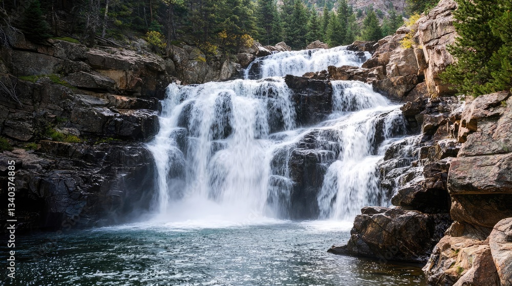 Fototapeta premium Waterfall landscapes concept. A beautiful waterfall cascading over rocks in a serene natural setting.
