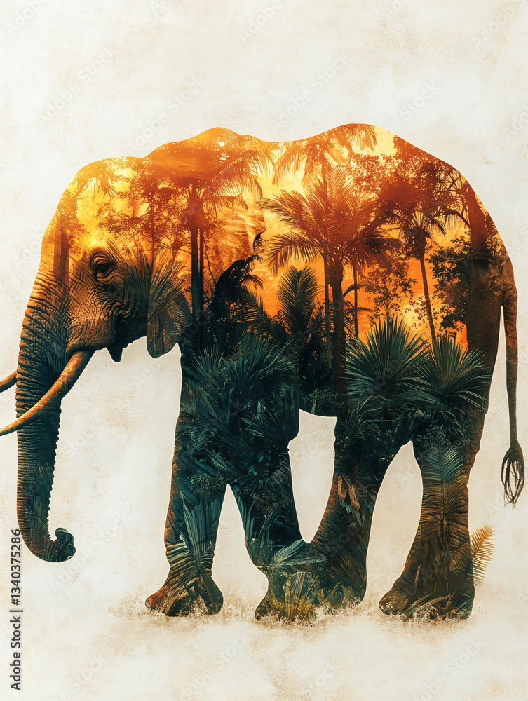 Obraz premium Double exposure elephant silhouette lush forest watercolor artistic fusion wildlife nature vibrant trees foliage warm tones surreal abstract dreamy modern unique aesthetic tranquil expressive artwork