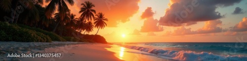 Palm trees sway gently on sandy beach at sunset,  coastal scenery,  palm tree swaying,  tropical sunset