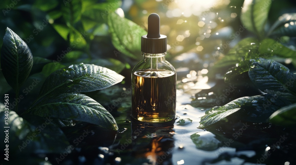 Glass bottle with dropper amidst lush green leaves lit by sunlight, natural beauty Glass bottle with dropper amidst lush green leaves lit by sunlight, natural beauty