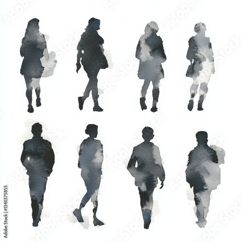 Artistic silhouettes of diverse individuals walking, representing movement and urban lifestyle in a modern watercolor style.