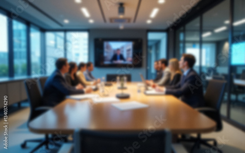 Blurred view of professionals in a meeting room participating in a video conference call displayed on a large screen, fostering remote business communication.