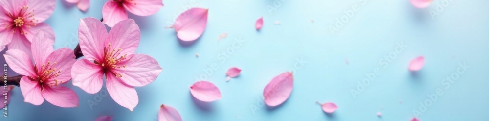 Pink sakura petals scattered on a pale blue background, peaceful atmosphere, soft color palette, gentle movement Pink sakura petals scattered on a pale blue background, peaceful atmosphere, soft color palette, gentle movement