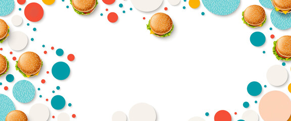 colorful burger border pattern with vibrant fast food on white background, playful food-inspired design