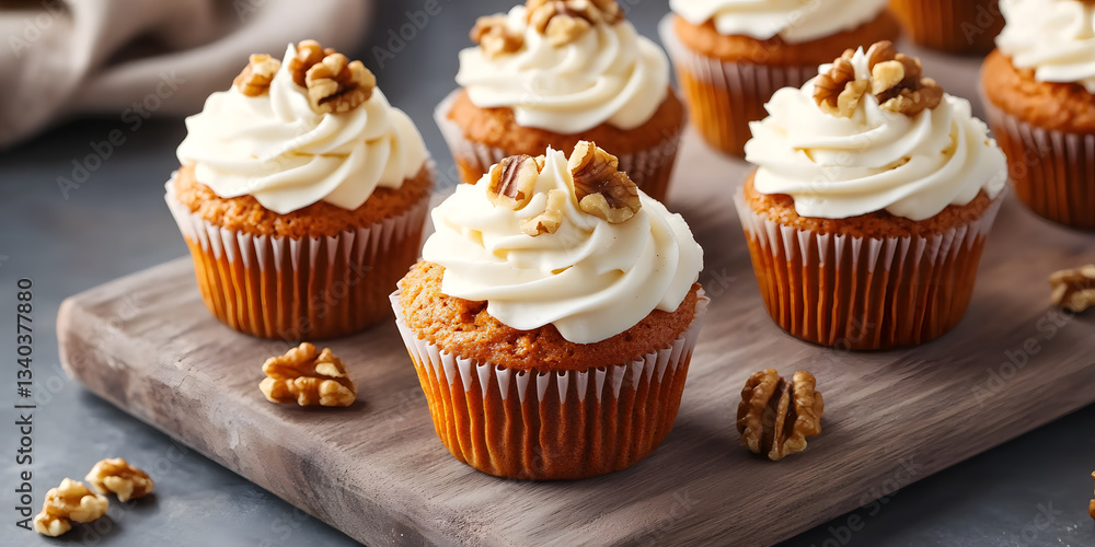 Mini carrot cake muffins elegantly finished with luscious cream cheese frosting and walnut garnish. Mini carrot cake muffins elegantly finished with luscious cream cheese frosting and walnut garnish.