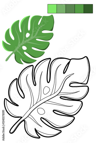 Coloring page whit tropical leaf for coloring book about exotic plants. Contour, colorful sample, color palette. For preschool and early elementary school children, to kid enjoy jungle vibes