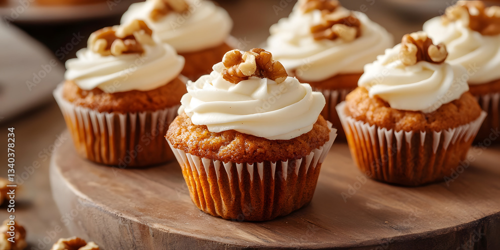 Mini carrot cake muffins topped with creamy frosting and a delightful sprinkle of crunchy walnuts. Mini carrot cake muffins topped with creamy frosting and a delightful sprinkle of crunchy walnuts.