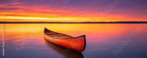 Lakeside sunset landscapes idea. A vibrant sunset casts colorful reflections on a calm lake with a solitary canoe.