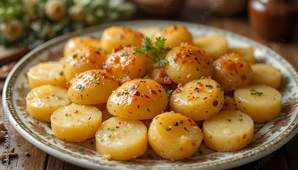 Appetizing Roasted Potatoes on Plate with Herbs Ready to Serve Appetizing Roasted Potatoes on Plate with Herbs Ready to Serve