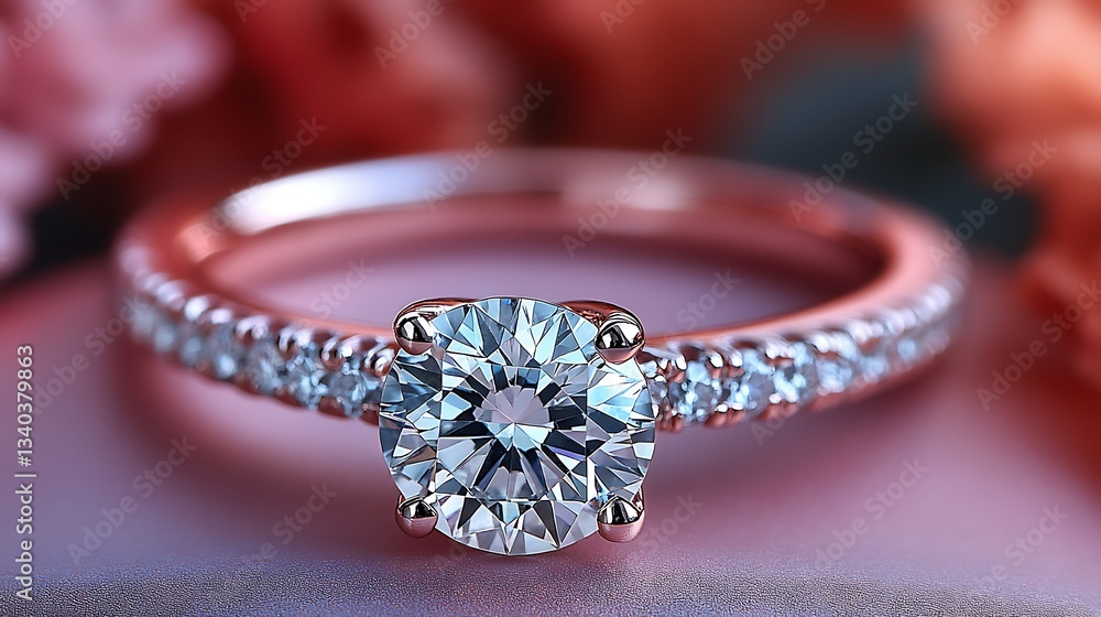 Rose gold engagement ring with a large solitaire diamond and small diamonds on the band, resting on a blurred background of pink flowers. Rose gold engagement ring with a large solitaire diamond and small diamonds on the band, resting on a blurred background of pink flowers.