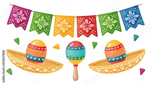 Cinco de Mayo vibrant watercolor illustration of festive maracas and sombreros with colorful papel picado