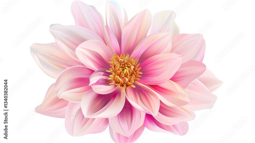 Obraz premium A beautiful pink flower that features delicate petals and has yellow stamens is showcased all by itself on a white background, highlighting the capabilities of generative AI. The flower's fine details
